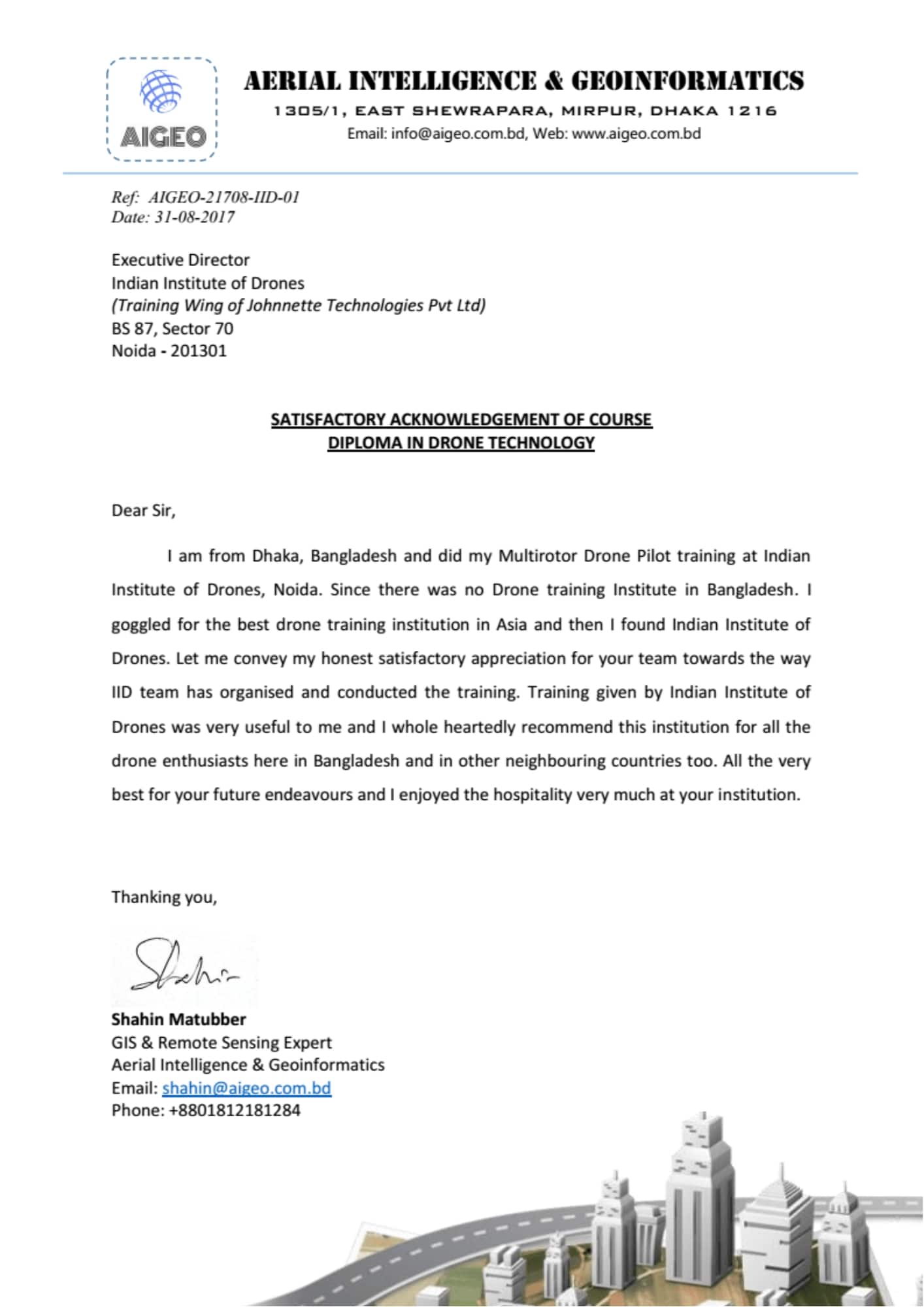 Satisfactory Letter for Drone Training Received from AIGEO, Bangladesh